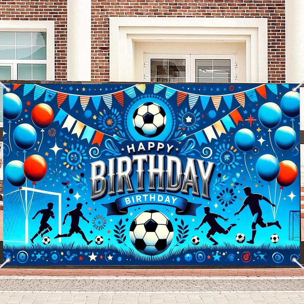 Glowing Soccer Happy Birthday Banner, Large Sports Backdrop for Outdoor Indoor Party Photo Booth