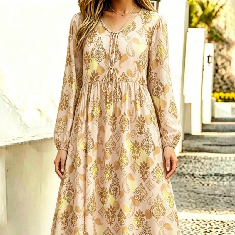 Boho Gold Foil Floral Print Dress V-Neck Tie Waist Lantern Sleeve A-Line Maxi Vacation