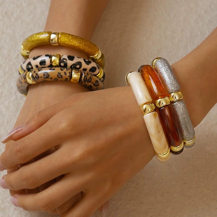 Vintage Acrylic Leopard Print Geometric round Bracelet Multi-Color Unique Personality European Inspired Hand Accessory