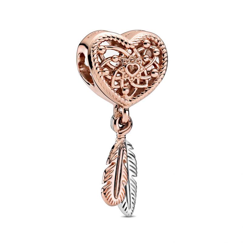 New Openwork Heart &Three Feathers Dreamcatcher Charms Beads Fit Original Fashion Bracelet Diy Women Jewelry