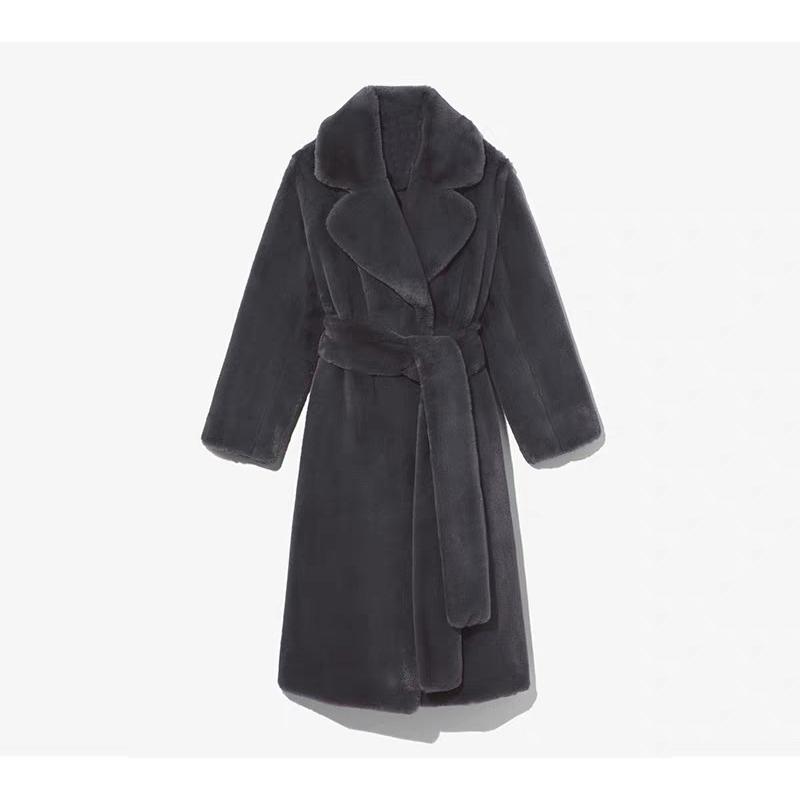 

Искусственный мех пушистый длинный пальто для женщин с поясом утолщенный теплый отложной воротник женская плюшевая куртка осень-зима модное женское пальто 5XL темно серый