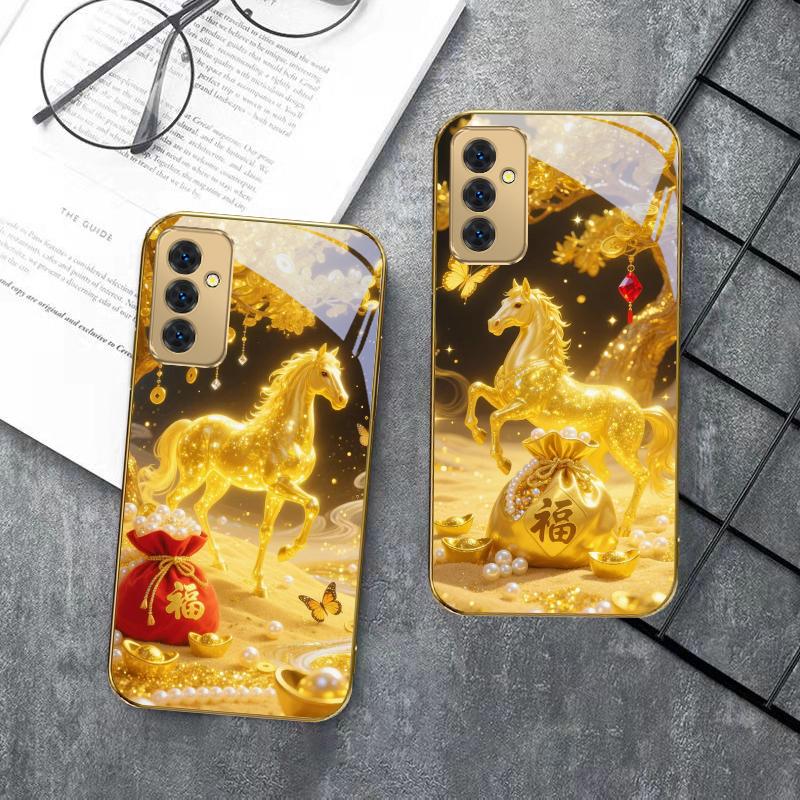 The Golden Lucky Horse For Samsung Galaxy S 21 S22 S23 Plus S24 Ultra S20 FE 25Ultra S21+ S9+ 22Plus Golden glass phone case