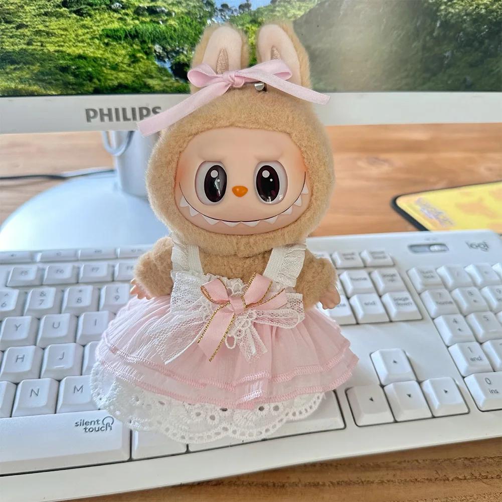 17cm Mini Plush Doll'S Clothes Outfit Accessories For Korea Kpop Labubu Idol Pink Bright Silk Bow Princess Gauze Skirt Clothing