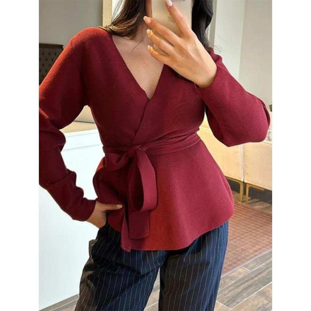 Schnürgürtel Strickjacken Mäntel Damen Einfarbig Slim V-Ausschnitt Handgelenksärmel Damenjacken Mode Damenoberbekleidung