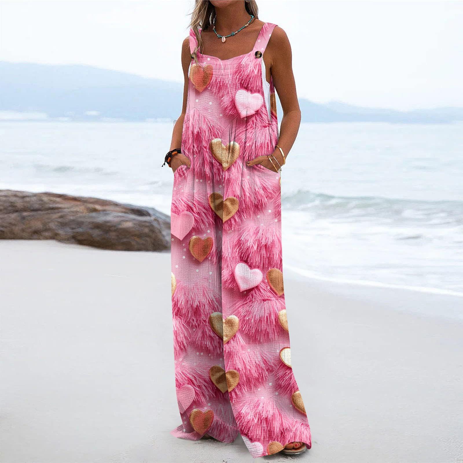 

Широкі комбінезони для жінок. Повсякденний вільний комбінезон без рукавів із принтом і ґудзиками. Довгі брючні комбінезони з кишенями XL кавун червоний колір