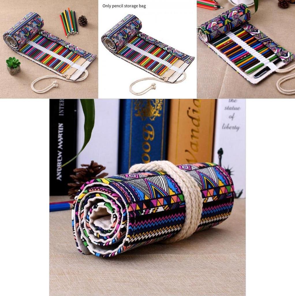 Ethnic Style Colored Geometric Pattern Pencil Canvas Storage Bag For Artists And Students