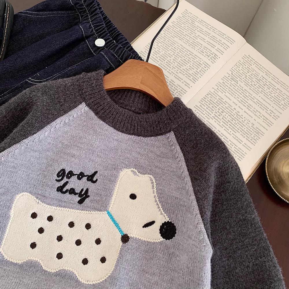 Kino Winter Korean Style Boys' Knitted Cartoon Sweater - Thick, Warm, and Trendy.
