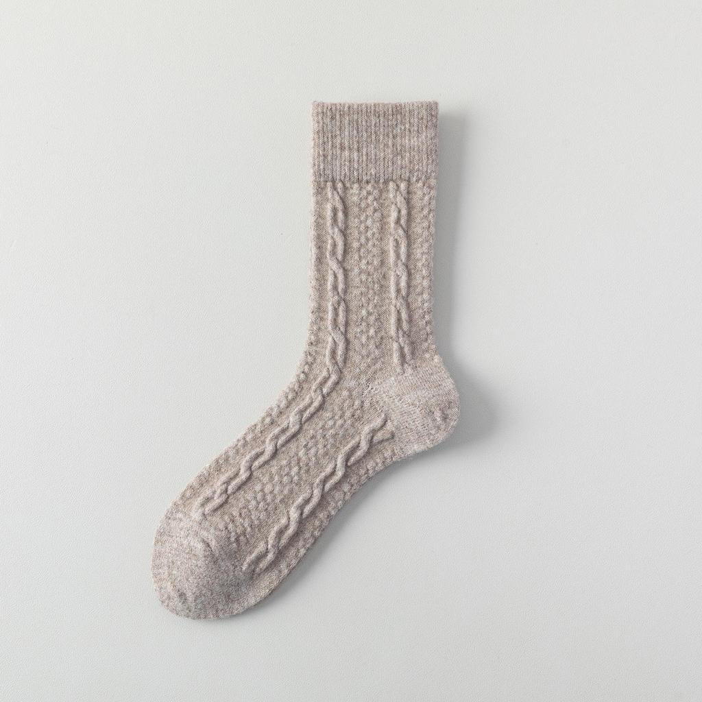 Women's Milk White Wool Socks: Autumn/Winter Cable Knit, Thickened for Warmth, Grey Tones, Mid-Calf Slouch Socks
