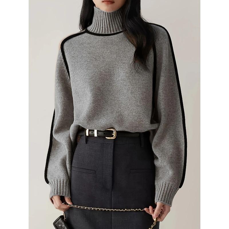 YYFS Women's Fashion Casual Fall Winter Stripe Print Long Sleeve High Neck Sweaters