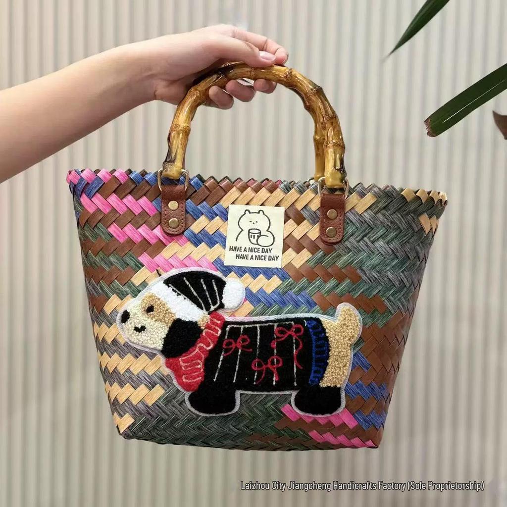 Elegant Handmade Bamboo Woven Tote – Stylish Rattan-Style Beach & Makeup Bag