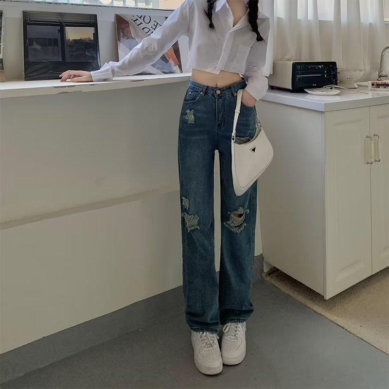 Women's High-Waist Ripped Straight-Leg Jeans - Large Size, Loose, Wide-Leg, Autumn 2022 Collection