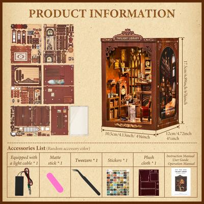 DIY Book Nook Kit Decorative Miniature Nook Bookshelf Insert with LED Light 3D Wooden Miniature House for Book Lovers Home Decor
