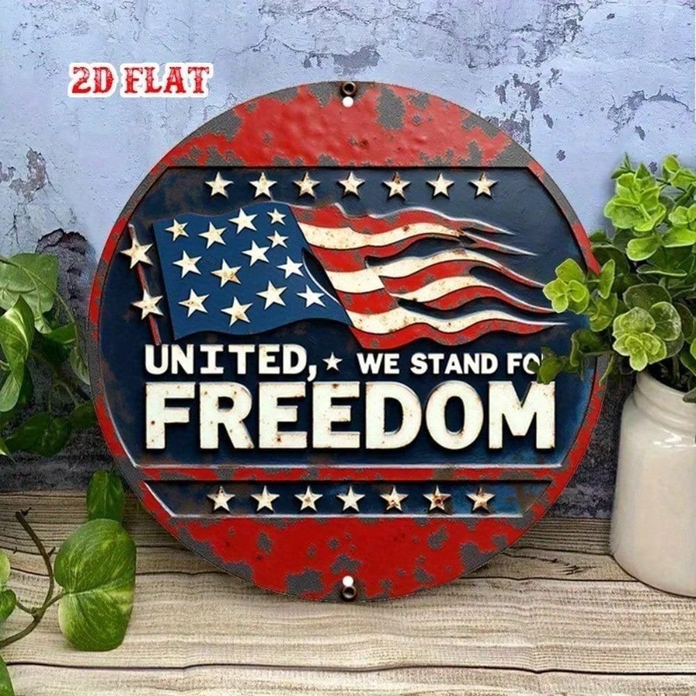 1pc Retro US Flag Metal Wall Decor, Rustic Round Patriotic Sign, Distressed Finish Red White Blue Stars