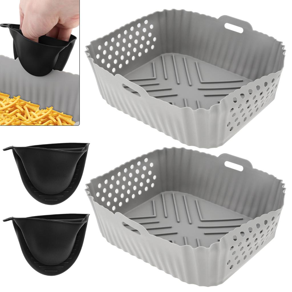 2pcs Gray Silicone Perforated Air Fryer Liners Rectangle Bonus Oven Gloves SL401 DZ201 DZ401 DZ550 Double Stack