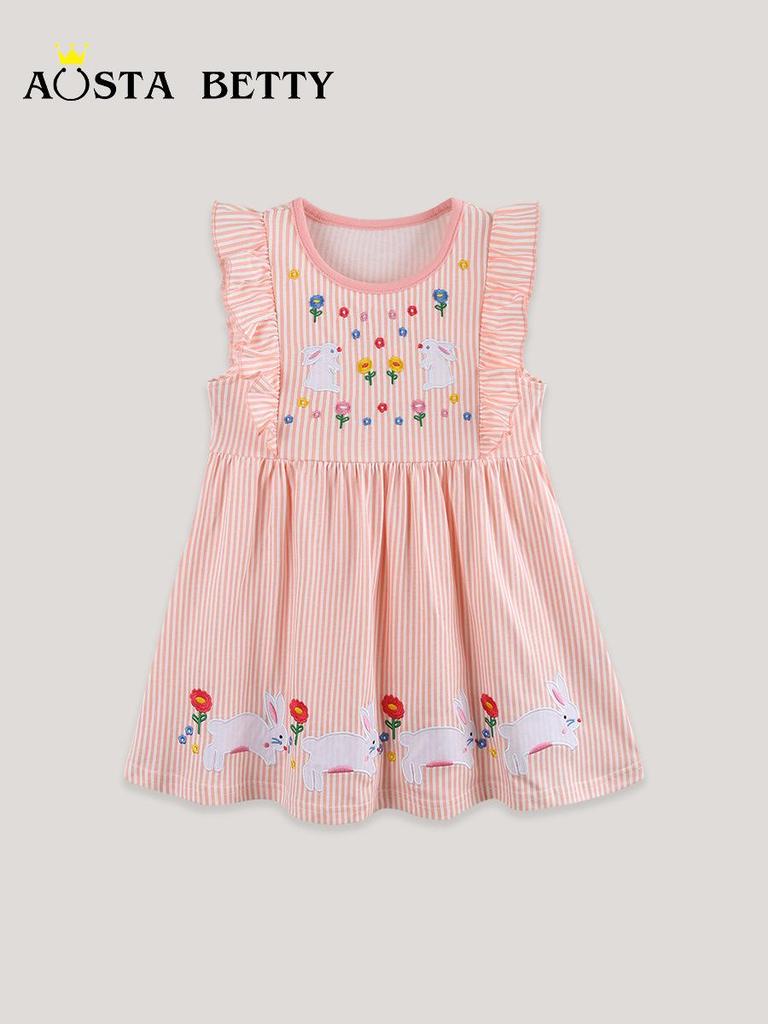European Embroidered Rabbit Sleeveless Summer Dress for Girls - Children's Round Neck Princess Style