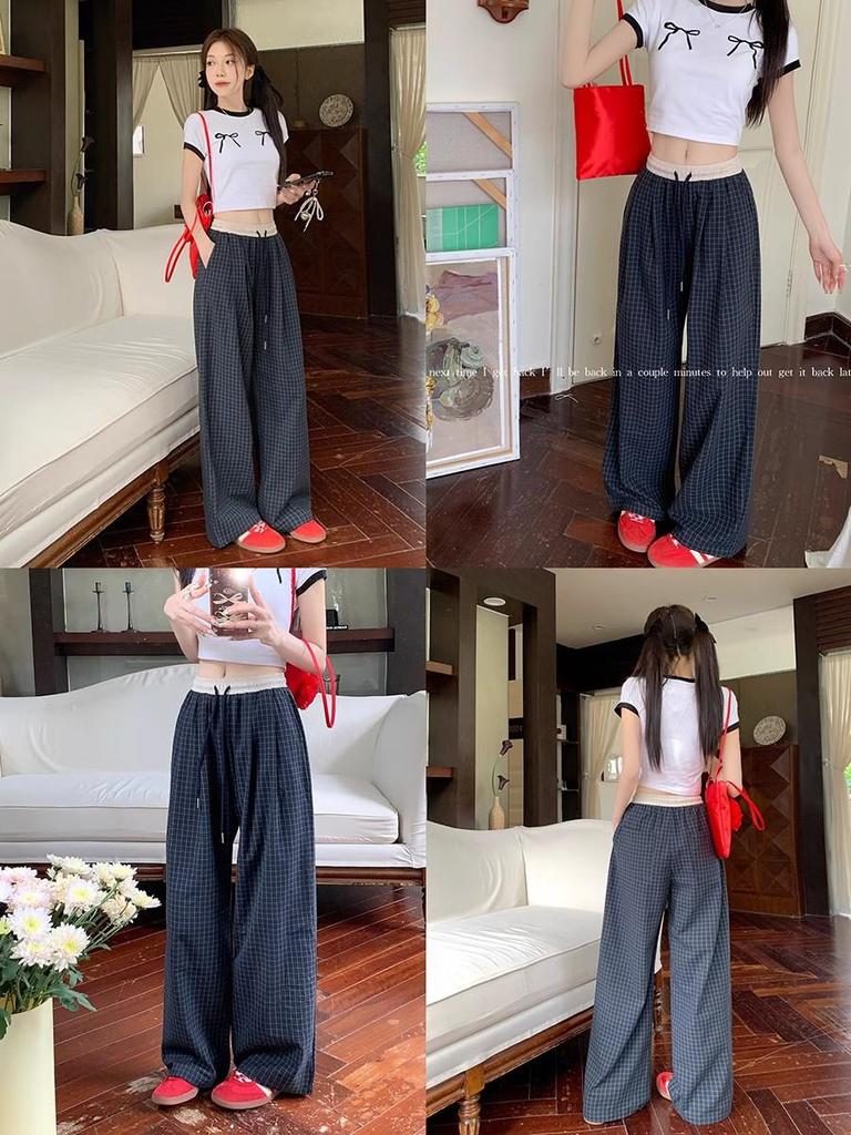 2025 Women's Retro Plaid High-Waist Wide-Leg Pants: Spring/Summer Casual, Versatile, Loose Fit, Floor-Length Trousers