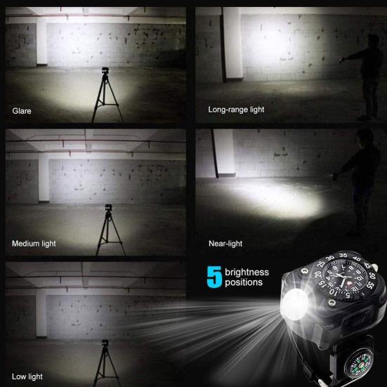 3-in-1 Outdoor-Sport Wiederaufladbare Helle LED-Taschenlampe Kompass Armbanduhr