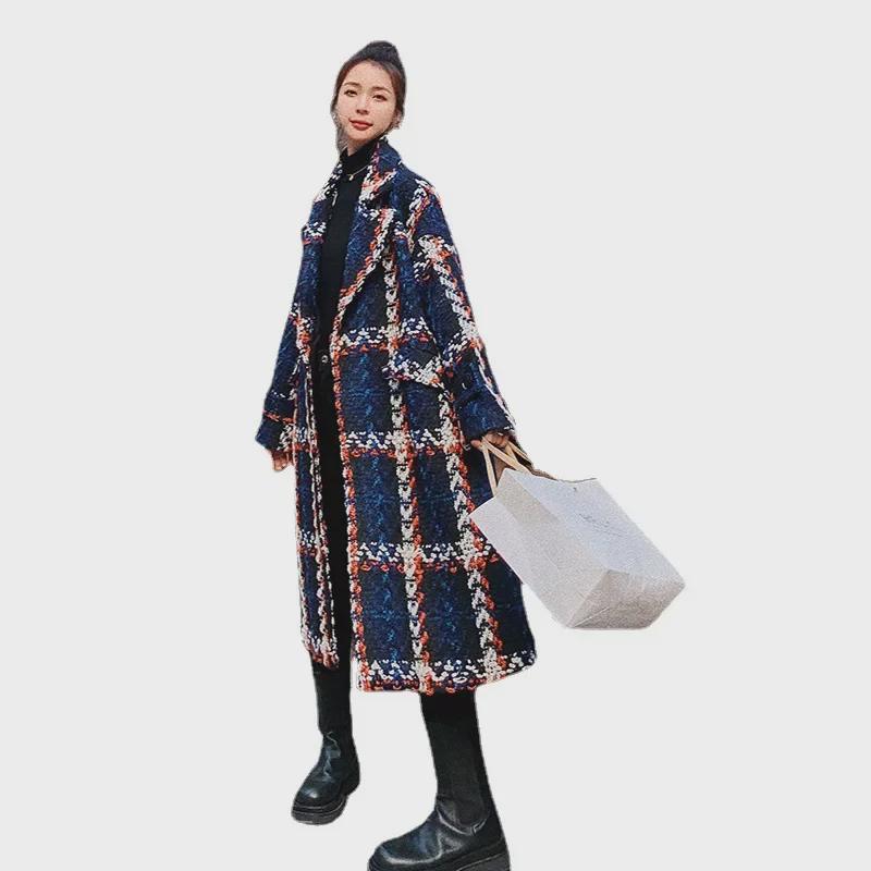 Vlněný kabát ve stylu Xiaoxiang: Kontrastní barva, Volný střih, Středně dlouhá délka