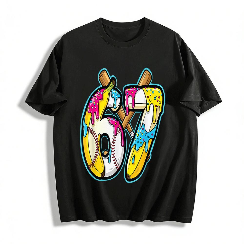 Baseball Themed No.67 Print Casual Short Sleeve Trendy Unisex Top Pure cotton T-shirt XXS