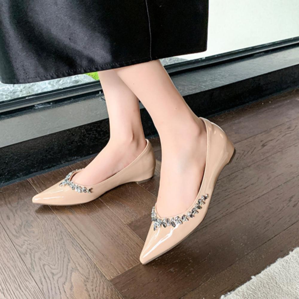 Rhinestone Ladies Pointed Toe Flat Soft Sole French Style Heightened Shallow Mouth Elegant Single Shoes