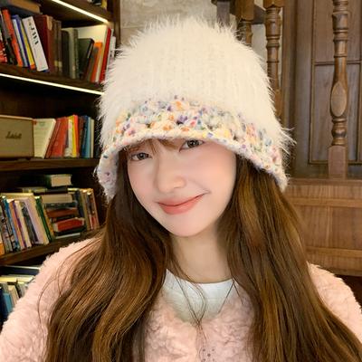 Cute Plush Fisherman Hat for Women In Autumn and Winter Versatile Face Covering Bucket Hat  Warm and Ear Protecting Knitted Wool Basin Hat