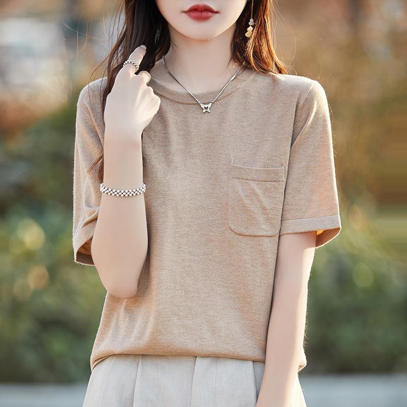 Summer Breathable Short-sleeved Women's Round Neck Pocket T-shirt Half-sleeved Bottoming Shirt