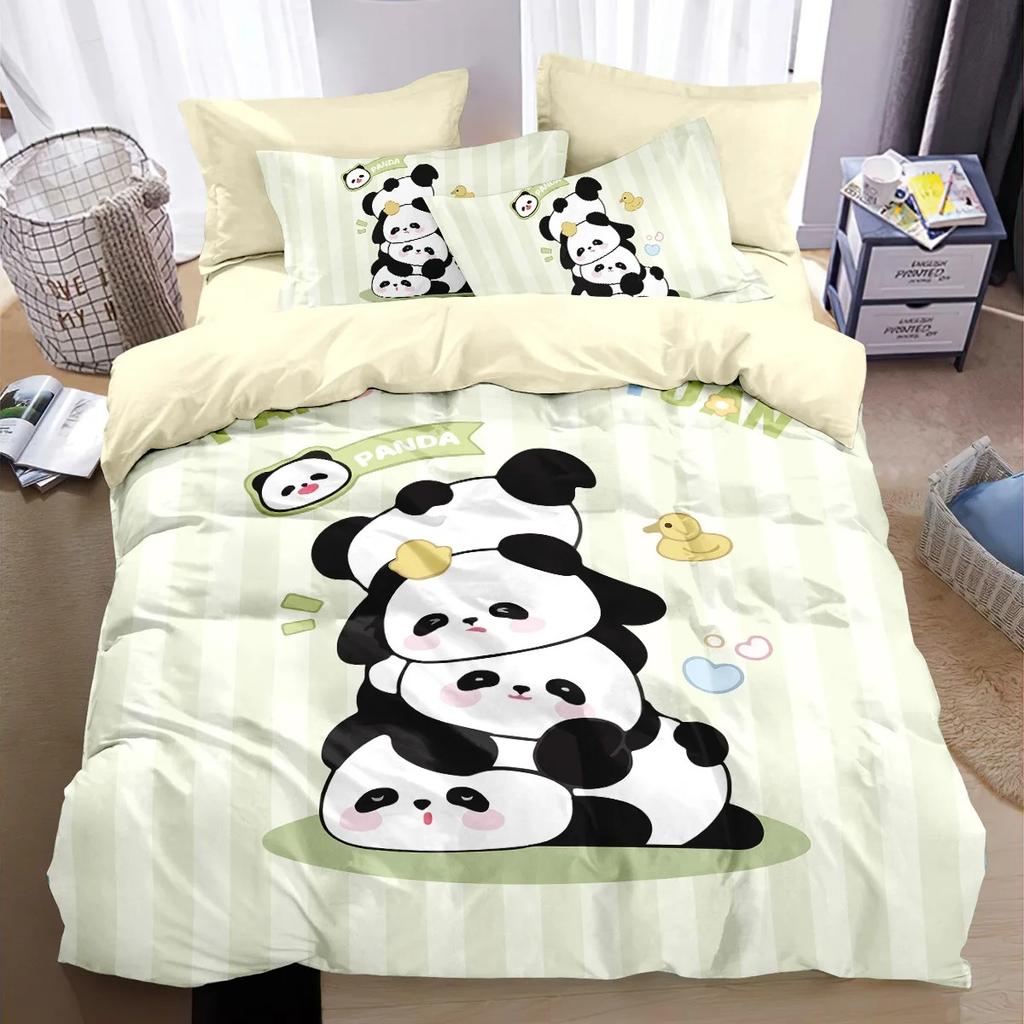 Cartoon Panda Bedding Set 2/3Pcs Soft Microfiber Duvet Cover Pillowcases Kids Boys Girls Bedroom Decor Twin Queen King Size