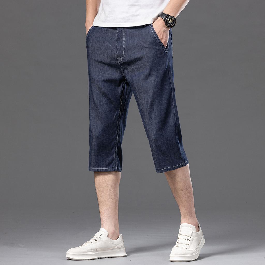 Pantaloncini di Jeans Lyocell Estivi da Uomo a Tre Dimensioni Vita Media Larghi Dritti Corti Elasticizzati Freschi Pantaloni Medi per Uomo