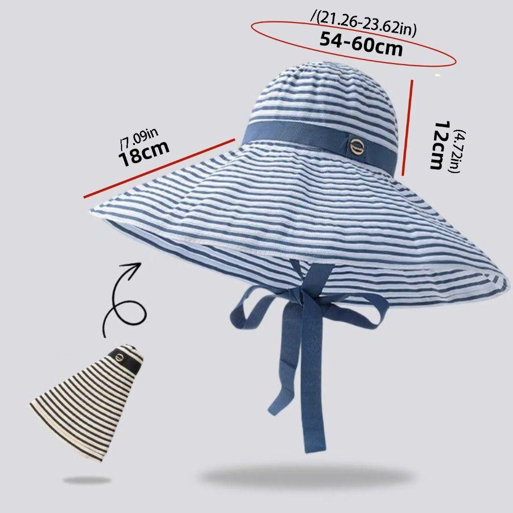 with Windproof Strap Women Striped Fisherman Hat Solid Color Wide Brim Sunshade Hat Breathable Sun Protection