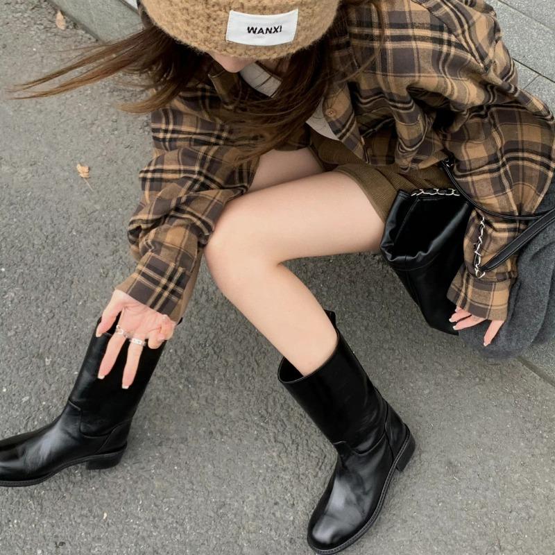 Classic Bla Leather Western Boots Women's Chunky Heel Slimming Ort Boots Briti Sle Spring Autumn Season