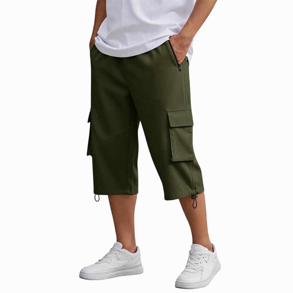 Men’s Casual 3/4 Length Cargo Shorts Elastic Waist Relaxed Fit Lightweight Multi Pocket Knee Length Pants