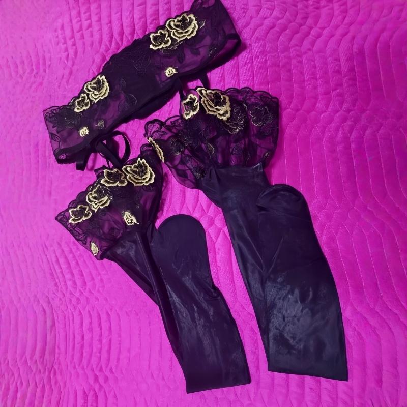 

Adjustable Back Hasp Slim Waist Cummerbund Garter Belt With Oil Shiny Thigh High Stockings Female Erotic Embroidery Lingerie M