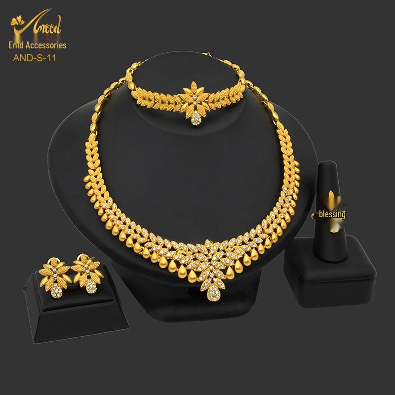 24K Gold-Plated Bridal Jewelry Set: Necklace & Earrings, Middle Eastern Wedding Style, Dubai Four-Piece Set