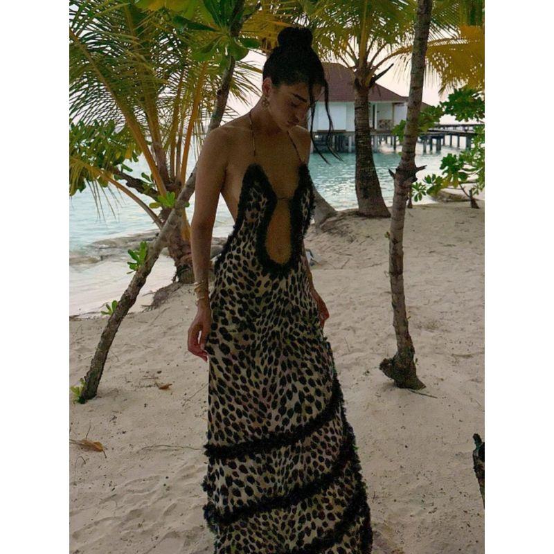 European and American Women Clothes 2024 Summer New Sexy Leopard Print Backless Lace Lace Up Hanging Neck Dress