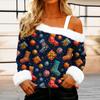 Women's Casual Fashion Sexy Off-Shoulder Collar Christmas Pattern Long Sleeve Crewneck T-Shirt Top