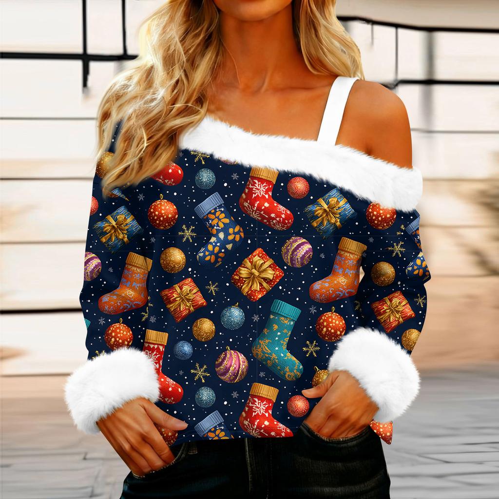 Women's Casual Fashion Sexy Off-Shoulder Collar Christmas Pattern Long Sleeve Crewneck T-Shirt Top