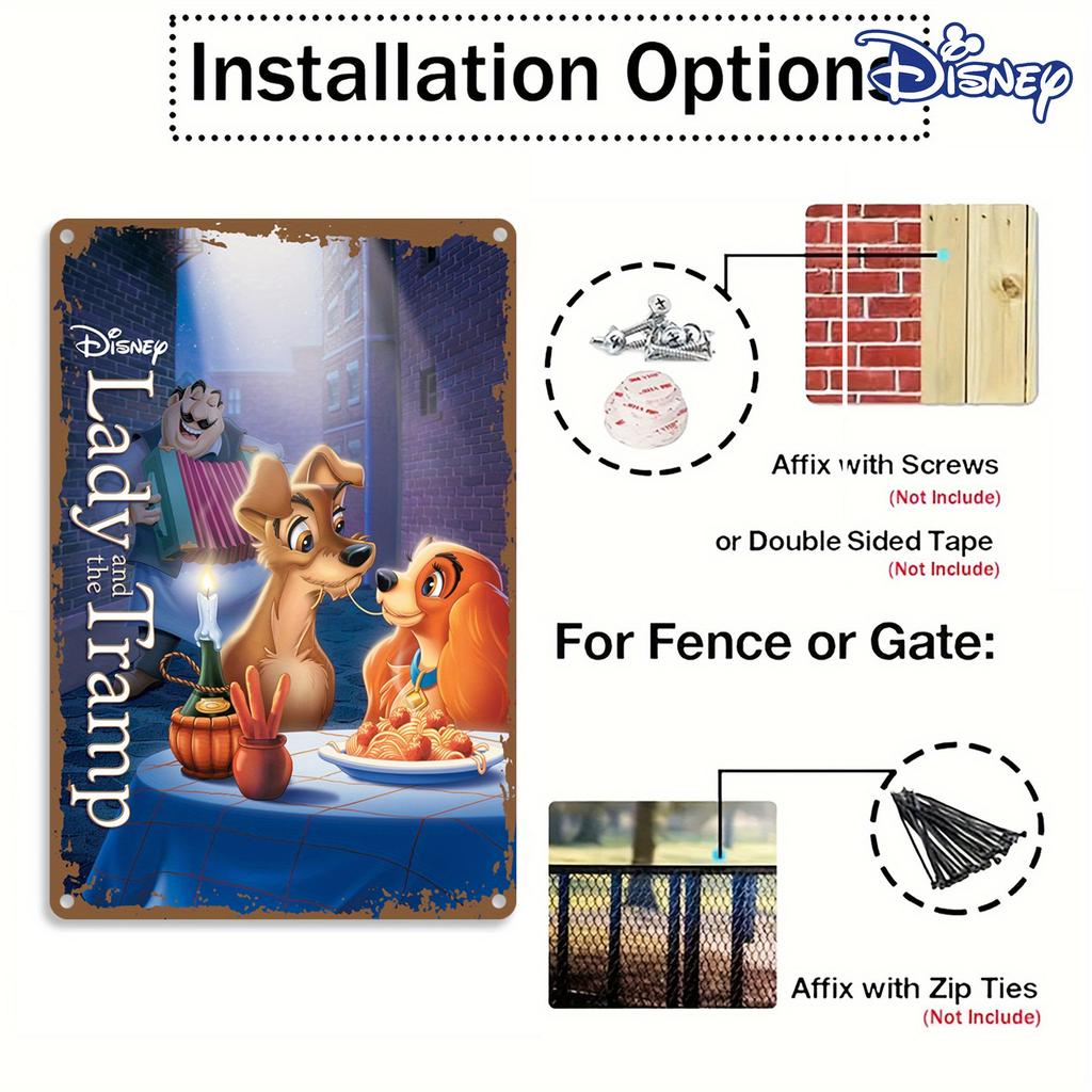 1 Stück Disney Susi und Strolch Vintage Metallblechschild - 20,32x30,48 cm Wandkunst, Rustikale Heimdekoration mit romantischer Hundepaar-Szene