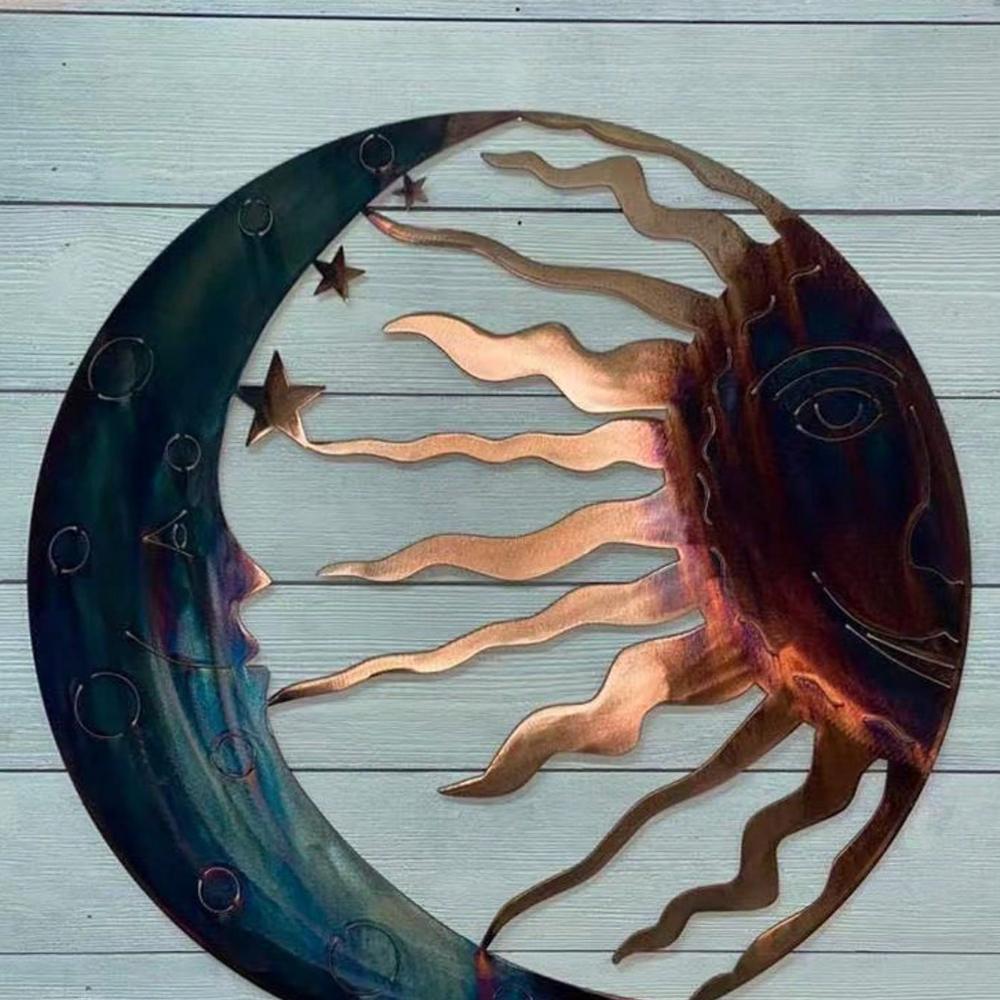 Metal Wall Art Decor - Sun, Moon & Stars 3D Facial Celestial Sculpture, Indoor/Outdoor Hanging Ornament for Porch, Lawn, Garden, Garden Wall Art