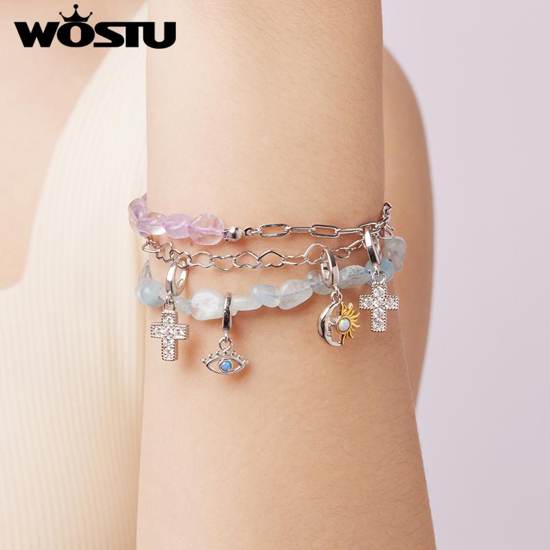 WOSTU 925 Sterling Silver Natural Blue Purple Crystal Charm Bracelet Mystical Natural Gems Chain Links Gift For Lover Family