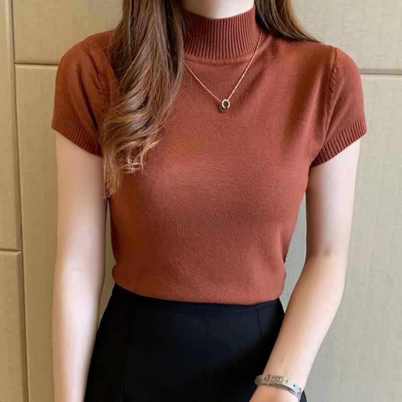 Halbhohes T-Shirt Damenmode Pullover Lässige Oberteile Koreanischer Stil Elegante Unifarbene Kleidung Frühjahrs- und Sommersaison