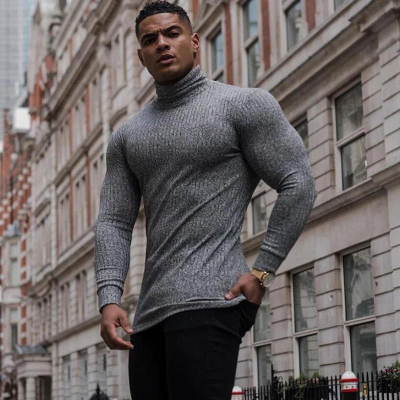 Muscleguys Autumn Turtleneck Mens Running T-shirts Thin Knitted Sports Sweaters Roll Neck Pit Strip Slim Fit Gym Fitness Pullover T Shirts