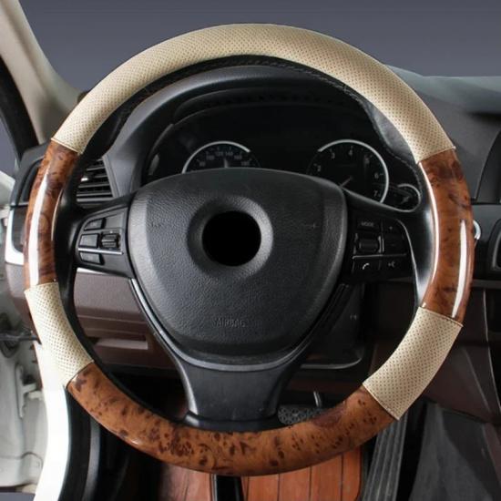 2024 Wood Grain Car Steering Wheel Cover PU Leather Luxury Universal Auto Steering Wheel Protector 38CM/15" Anti-Slip Breathable