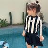 2025 Girls' Two-Piece Skirted Swimsuit with Boyshorts, Black & White Striped Long-Sleeve Sun-Protective Swimwear