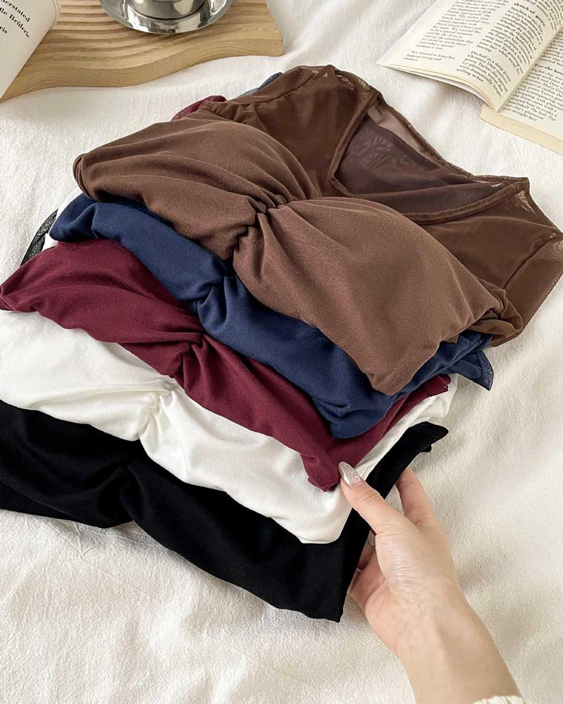 2026 Spring/Summer Women's Slim Mesh Layer Round Neck Long Sleeve Top
