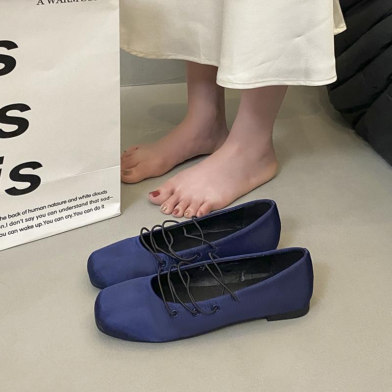 Blue satin retro square head cross strap Mary Jane shoes summer new flat bottom shallow mouth single shoes women