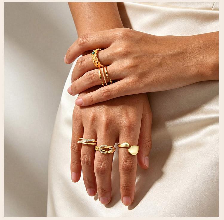 Stainless Steel Adjustable Ring for Women, 18K Gold Plated Emerald Zircon Open Cuff Band Waterproof Tarnish Free Jewelry