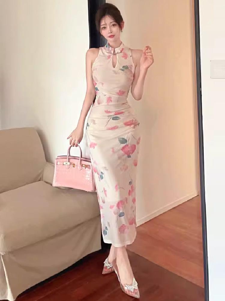 Daily young color off-the-shoulder improved cheongsam Chinese national style slim-fitting split-ends and thin hip-wrapped long dress