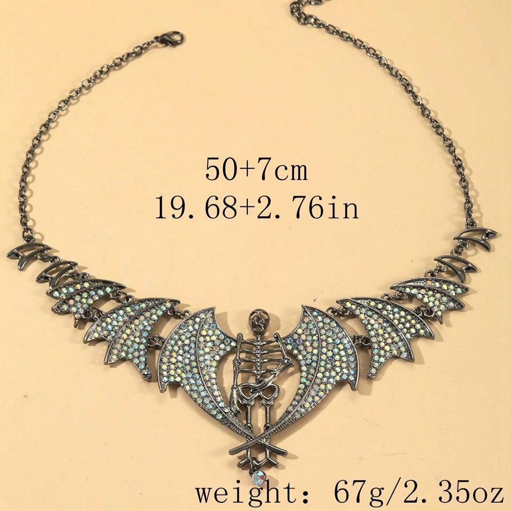 Gothic Punk Exaggerated Shiny Rhinestone Skull Bat Devil Necklace for Women Halloween Jewelry Accessories
