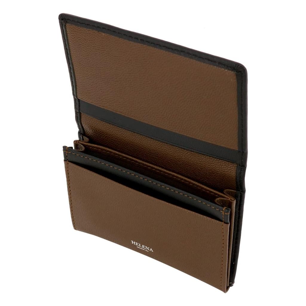 Helena Women's Calm Leather Business Card Case, 6484, Sheepskin Leather [06] Sage Green X Chocolate