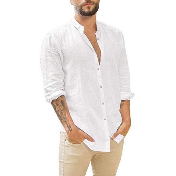 European and American Men's Linen Cardigan Solid Color Casual Stand-up Collar Long-sleeved Shirt